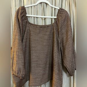 Tan and white patterned square neck blouse
